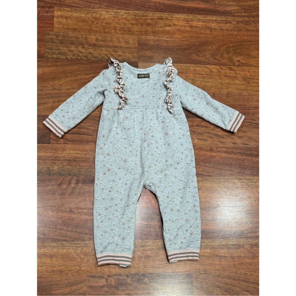 Matilda Jane - Gray Star Print Romper with Pink and Gray Trim